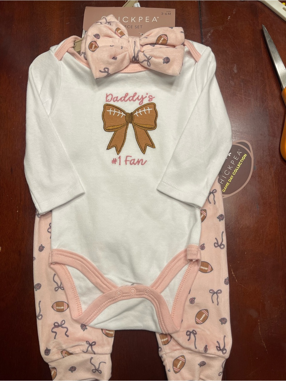 chick pea White & Pink "Daddy's #1 Fan" Bow Football Bodysuit Set